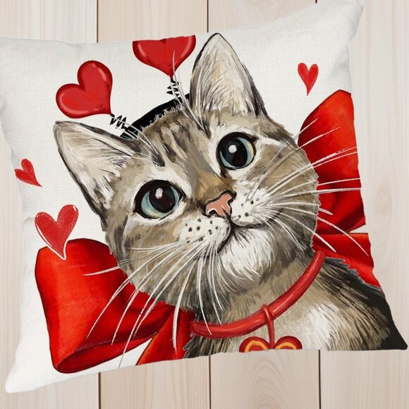 Cat Pillow Cover Valentines Day Decor Heart Decorative Sofa Accent Throw Case - Picture 2 of 5
